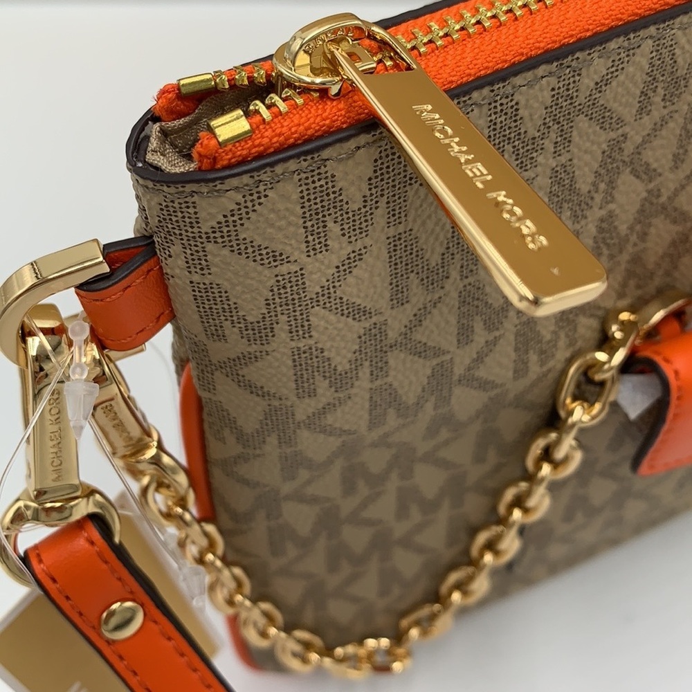 Michael Kors Jet Set LG 2 in 1 card case wristlet Wallet POPPY BROWN SIGNATURE - Picture 12 of 16